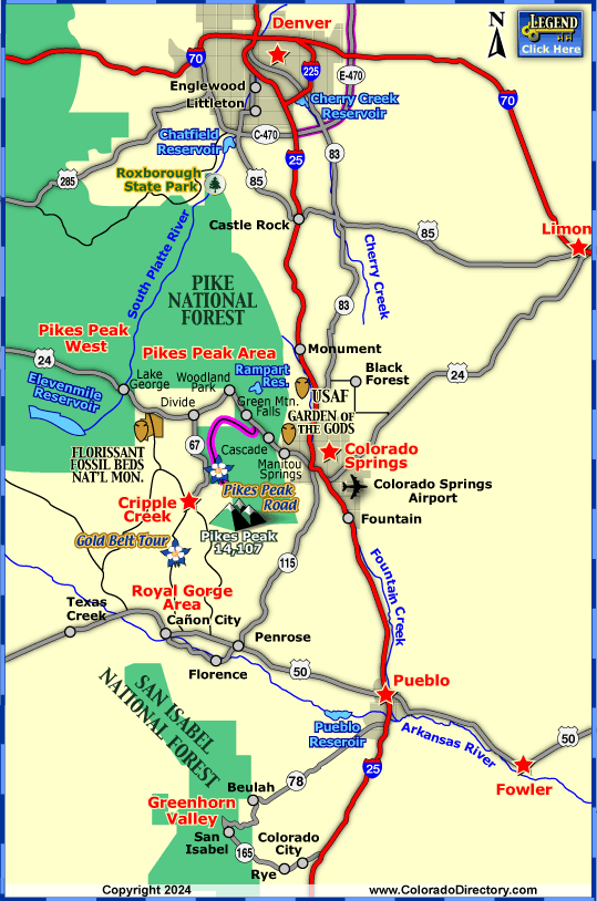 Map of Colorado Towns, Areas, Attractions and Activities within 1 hour of Colorado Springs.