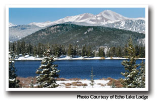 Echo lake taken from the front porch of Echo Lake Lodge on the Mt. Blue Sky Scenic Byway, Colorado. Photo courtesy of Echo Lake Lodge
