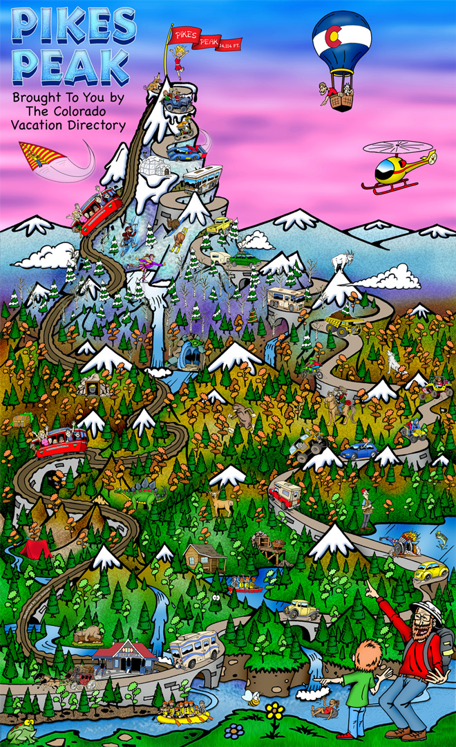 Fun color cartoon map of Pikes Peak, Colorado created by The Colorado Vacation Directory Inc