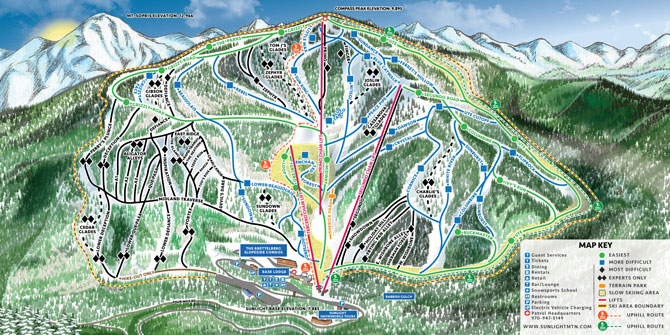 Sunlight Mountain Ski Resort Trail Map, Glenwood Springs, Colorado