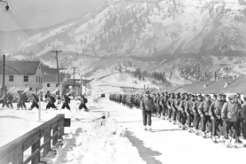 Historic black and white photo of 1942 Camp Hale's 10th Division located near Minturn and Leadville, Colorado.