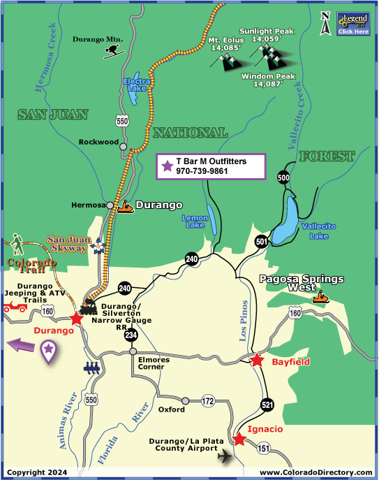 Map of Durango, Colorado area.